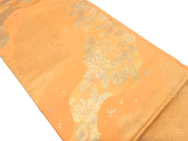 道長取りに流水・椿模様織り出し　名古屋帯